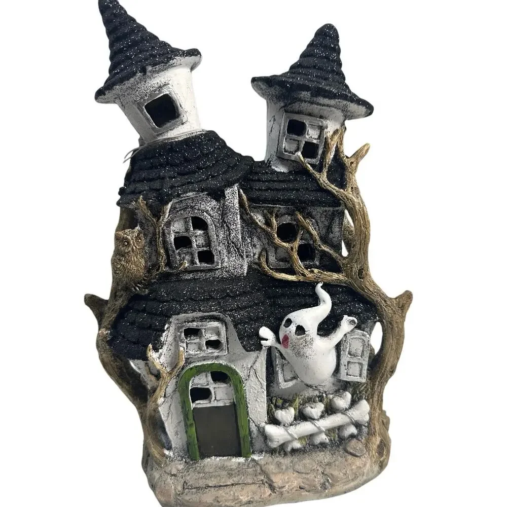 Retro Halloween  Spooky Light Up Haunted House With Ghost & Owl 2024 NWT